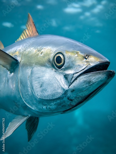 Close Up of a Tuna Swimming Underwater in the Ocean. A Detailed Image of a Fish's Head and Body.