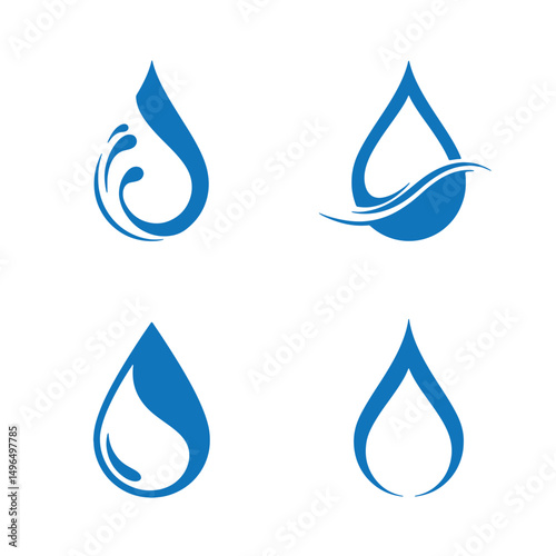 Four elegant blue water drop logos representing hydration purity and freshness in a simple clean and modern silhouette design for brands