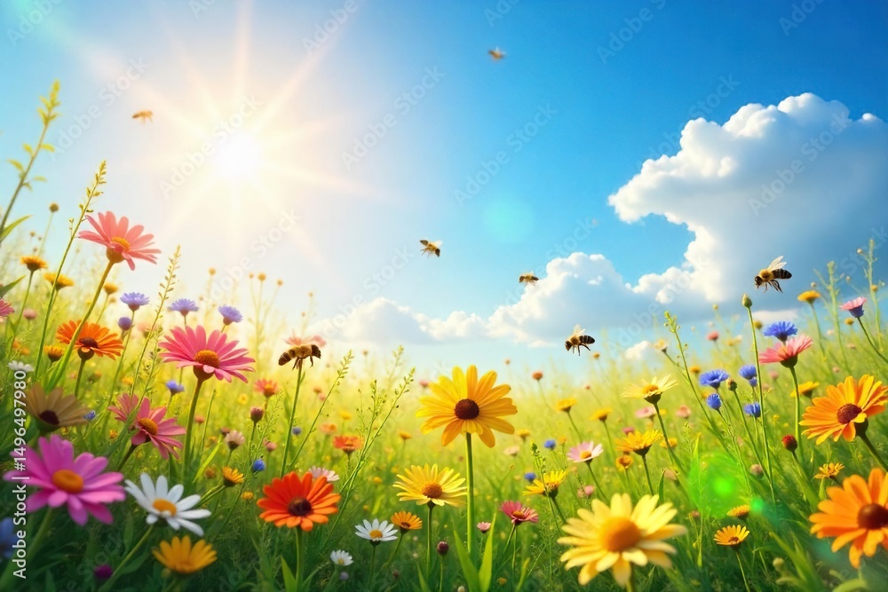 A vibrant sun shines on a field of wildflowers, buzzing with bees The scene evokes pure joy and carefree summer bliss, perfect for projects needing a positive and cheerful feel , natural, field A vibrant sun shines on a field of wildflowers, buzzing with bees The scene evokes pure joy and carefree summer bliss, perfect for projects needing a positive and cheerful feel , natural, field