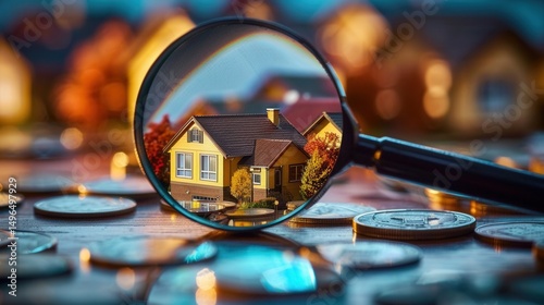 A magnifying glass focuses on a house model, symbolizing home investment and financial planning.
