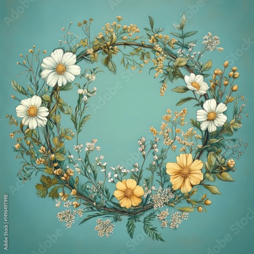 Delicate floral wreath with white and yellow flowers and green leaves on a teal background, evoking a peaceful and natural ambiance