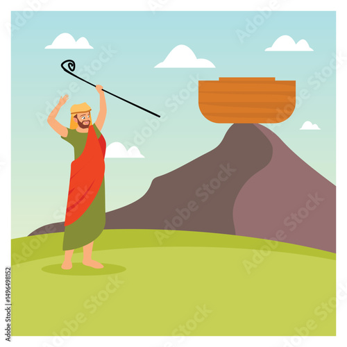 A Biblical Scene with Noah and the Ark on a Mountain.