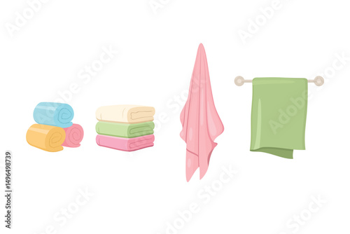Assortment Of Neatly Stacked Rolled And Hung Pastel Colored Towels Clean And Ready For Use, flat style vector illustration