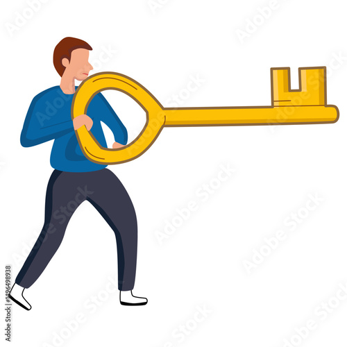 illustration. Cartoon Man Holding a Large Golden Key