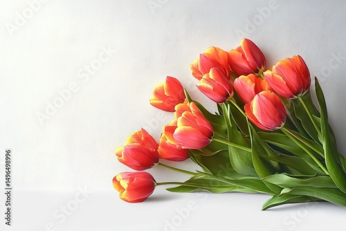 A bouquet of vibrant orange tulips with yellow edges lying against a clean white background, evoking freshness and natural beauty