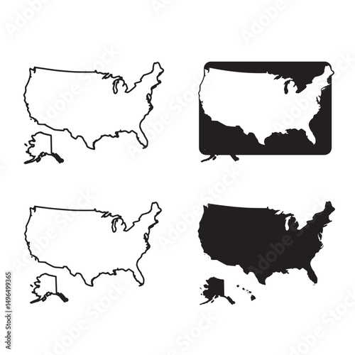 Four graphic interpretations of united states of america map silhouette with outlines and fills representing different design styles on a white background