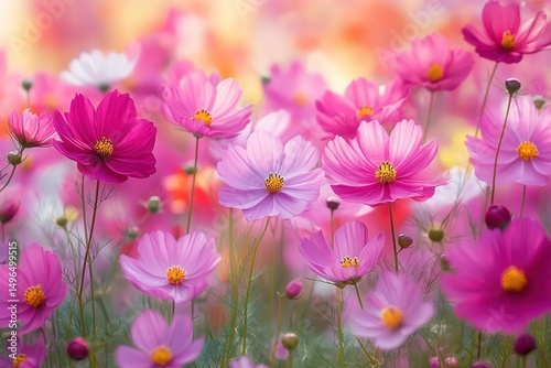 Field of bright pink and magenta cosmos flowers gently swaying with soft warm light in the background creating a peaceful and cheerful atmosphere