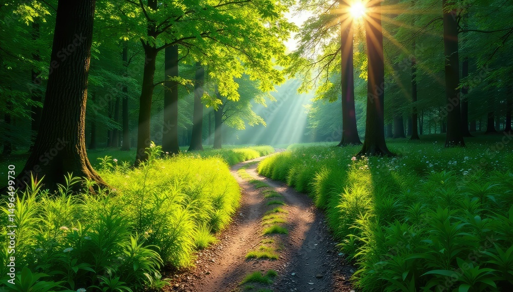 Obraz premium A scenic trail winding through a lush forest, sunlight dappling the path , view, perspective