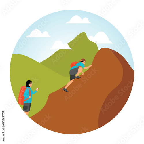 Young Couple Climbing Mountain with Backpacks and Outdoor Gear.
