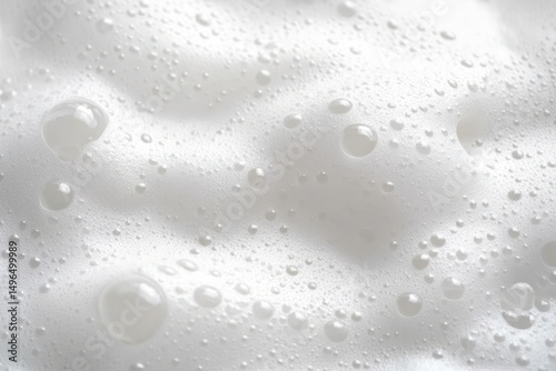 Close-up of white soap foam bubbles creating a soft, airy texture with reflections on a white surface