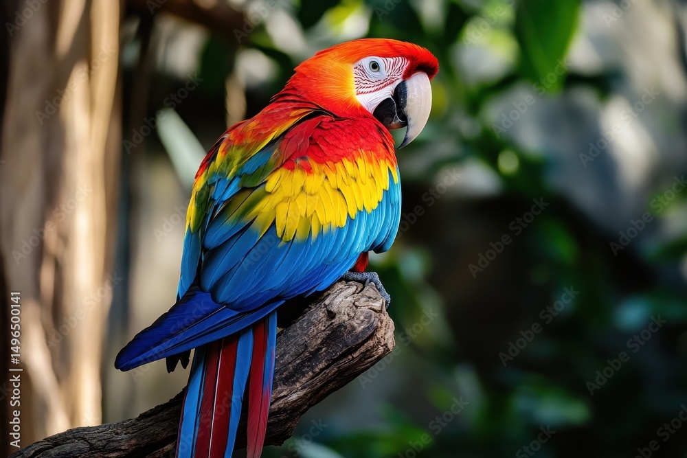 Obraz premium Colorful parrot perched gracefully on a branch in a lush tropical setting under soft sunlight, A beautiful parrot with red, yellow, blue and green feathers is sitting on a branch