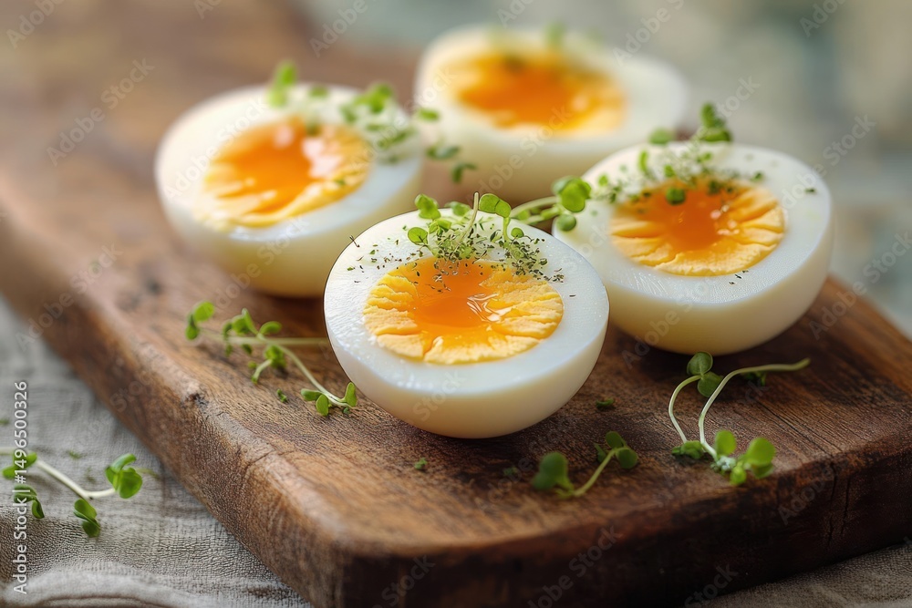 four halved soft boiled eggs with slightly runny yolks garnished with fresh green herbs on a rustic wooden cutting board four halved soft boiled eggs with slightly runny yolks garnished with fresh green herbs on a rustic wooden cutting board