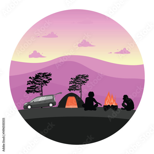 Sunset Camping with Romantic Couple by the Campfire in Beautiful Wilderness.