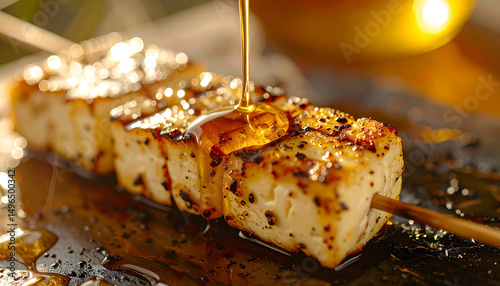 Honey drizzled over grilled cheese skewers with warm bokeh lights in the background.