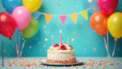 A vibrant birthday party scene with balloons, cake, and confetti Festive, joyful, colorful celebration , party favors, sweets, happy birthday