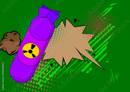 Cartoon Missile bomb with blank speech bubble, comic book Weapon background. Retro vector comics pop art design.