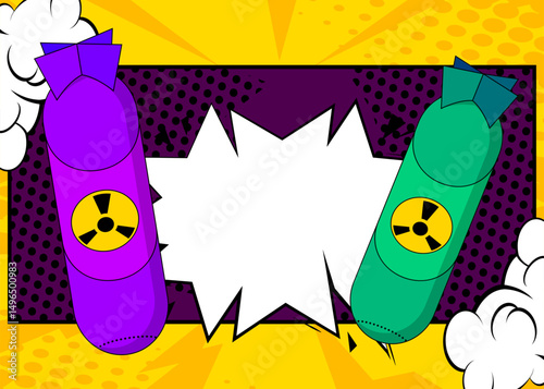Cartoon Missile bomb with blank speech bubble, comic book Weapon background. Retro vector comics pop art design.