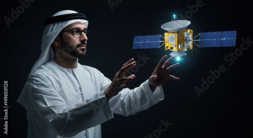 Arab Scientist in Traditional Attire Interacting with Satellite Technology