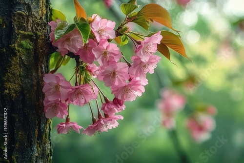 Close-up of pink cherry blossoms with green and orange leaves hanging from a textured tree trunk against a soft green blurred background
