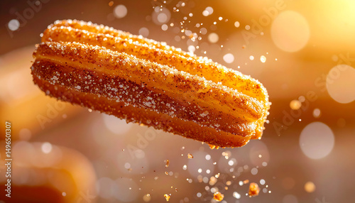Two churros with sugar and cinnamon floating with falling crumbs and warm bokeh lights.