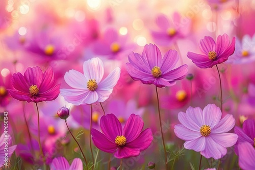 Close-up of vibrant pink and purple cosmos flowers blooming in a sunlit garden with soft bokeh background creating a peaceful and joyful atmosphere