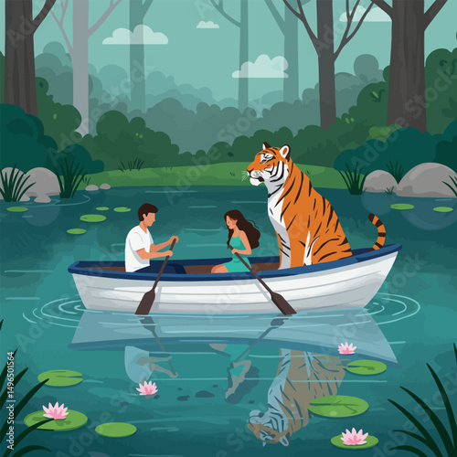 People Rowing on Lake with Tiger Sitting in the Boat