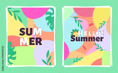 Bright and playful abstract summer designs with tropical leaves, popsicles, orange slices, and bold seasonal typography on colorful backgrounds

