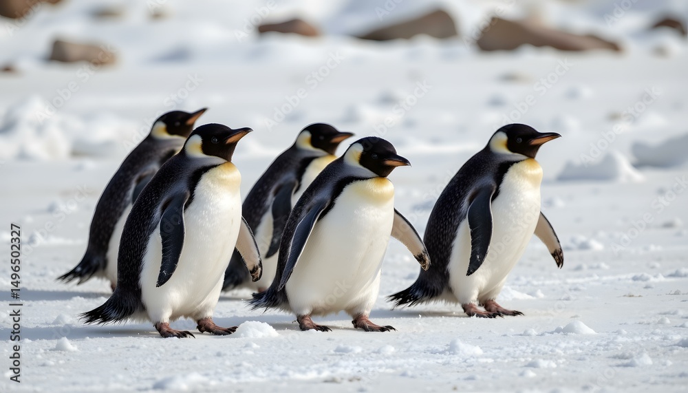 Naklejka premium Group of Penguins Sliding on Ice in a Natural Winter Habitat, Capturing Playful Behavior and Adaptation to Extreme Environments