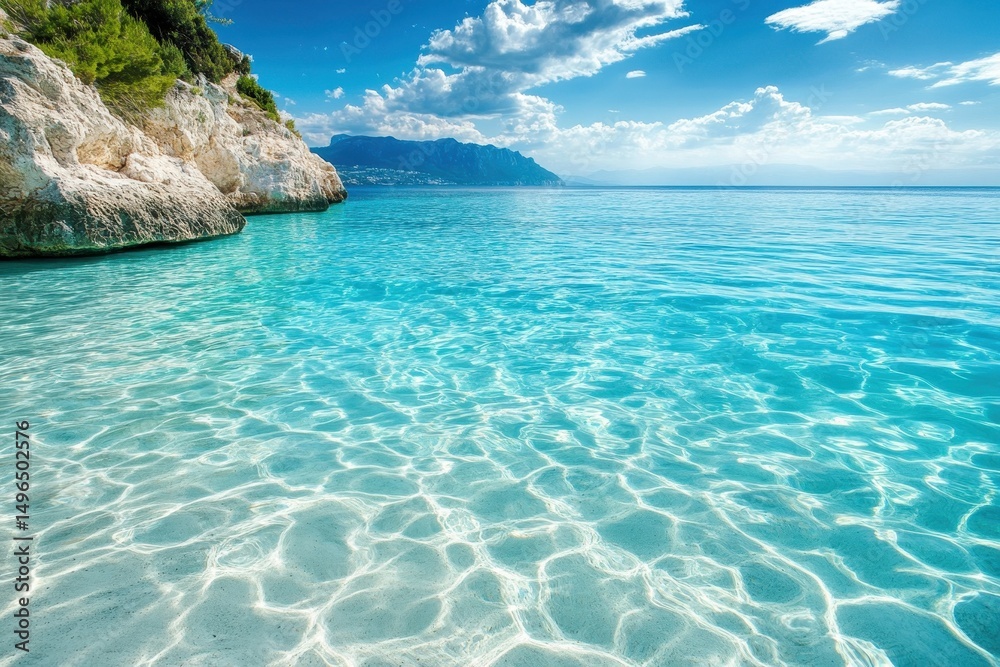 Fototapeta premium Clear turquoise water in the Ionian Sea invites relaxation in Zakynthos, Greece, Crystal clear turquoise water of Ionian sea in Zakynthos island coast Greece