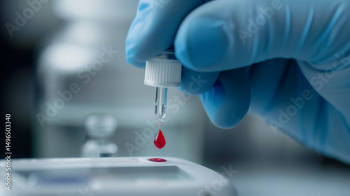 Close-up of diabetic finger prick test with blood drop on glucose meter, diabetes care and monitoring, health checkup and medical examination concept.