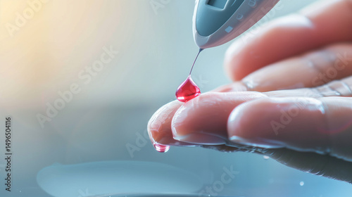 Close-up of diabetic finger prick test with blood drop on glucose meter, diabetes care and monitoring, health checkup and medical examination concept.
