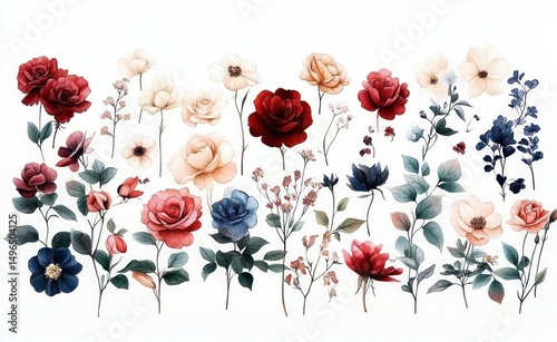 Collection of various colorful flowers including roses and delicate blooms with leaves in soft shades of red, blue, cream, and peach on a white background