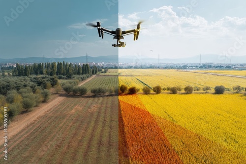 Split-screen visualization of AI analyzing drone imagery detecting crop stress patterns, with highlighted problem areas under clear daylight for predictive agriculture solutions.