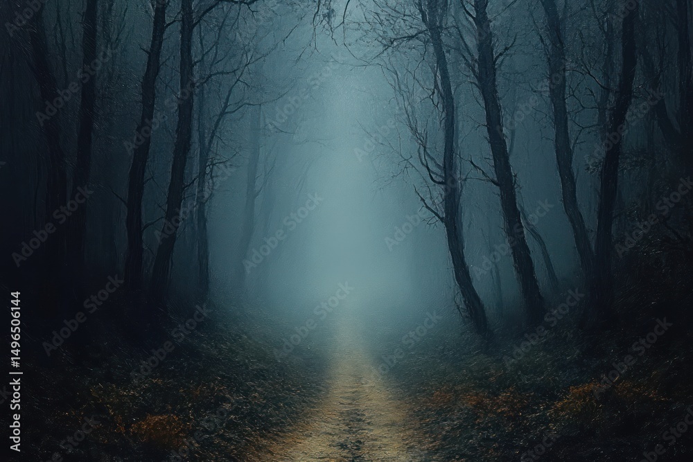 Fototapeta premium Misty forest path surrounded by tall bare trees with a mysterious and eerie atmosphere