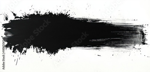 black horizontal paint brush stroke with rough edges and splatters on white background conveying abstract artistic expression