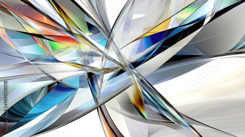 Abstract art featuring vibrant, translucent shards intersecting on a white background, creating a dynamic, multifaceted composition