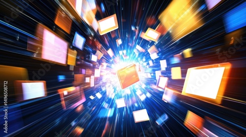Glowing cubes zoom through a dark, vibrant tunnel, creating a dynamic, energy-filled visual