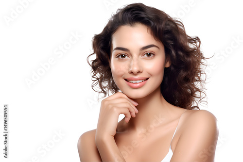 Beautiful woman's face glows, accentuated by her silver necklace and cream.
