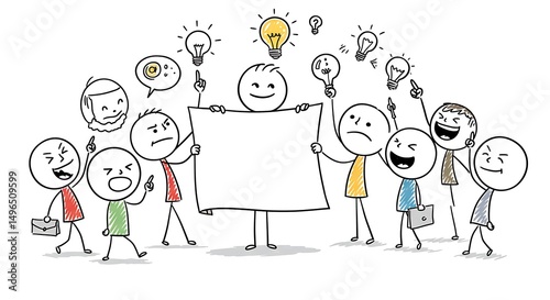 Stick Figures with Varied Emotions Presenting a Blank Sign Amids