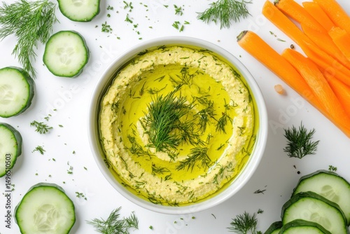 Delicious dill and olive oil hummus with cucumber and carrot sticks