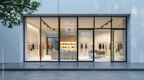 A modern retail store exterior with large windows displaying merchandise.