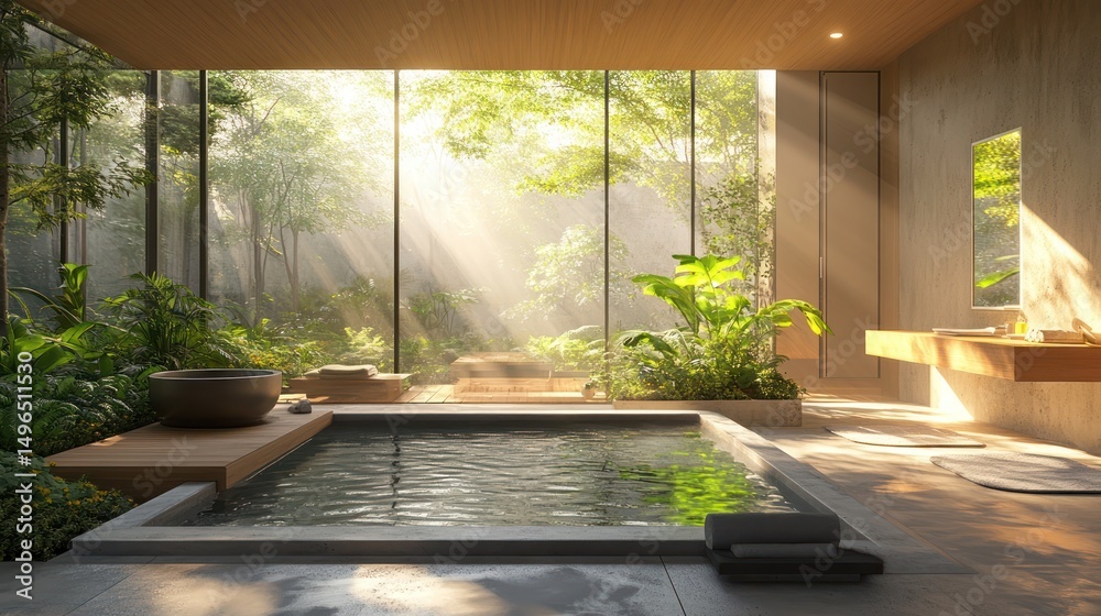 Fototapeta premium Serene bathing sanctuary harmoniously integrating verdant foliage with architectural design