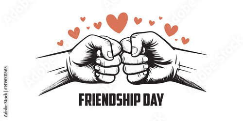 Friendship Day: A Black and White Illustration of Two Hands Bumping Fists with Hearts