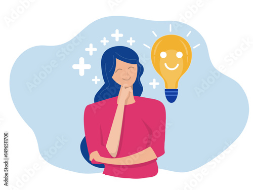 Positive thinking, optimistic mindset or good attitude  happy woman smiling lightbulb idea with positive vibes around