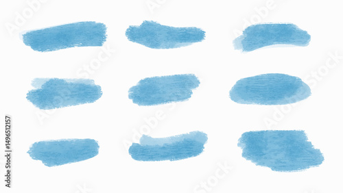 A collection of blue ink brush strokes in various styles and textures. Hand-drawn elements featuring bold lines.