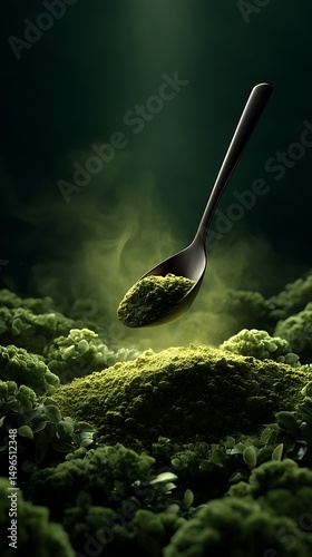 Scoop of green powder nature scene food photography dark environment close-up view healthy concept for seo impact