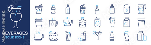 Set of collection line icons related drink, beverage. Editable stroke. Perfect pixel on transparent background