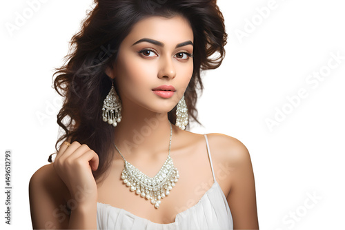 Elegant earrings frame her radiant face, showing results from face cream.
