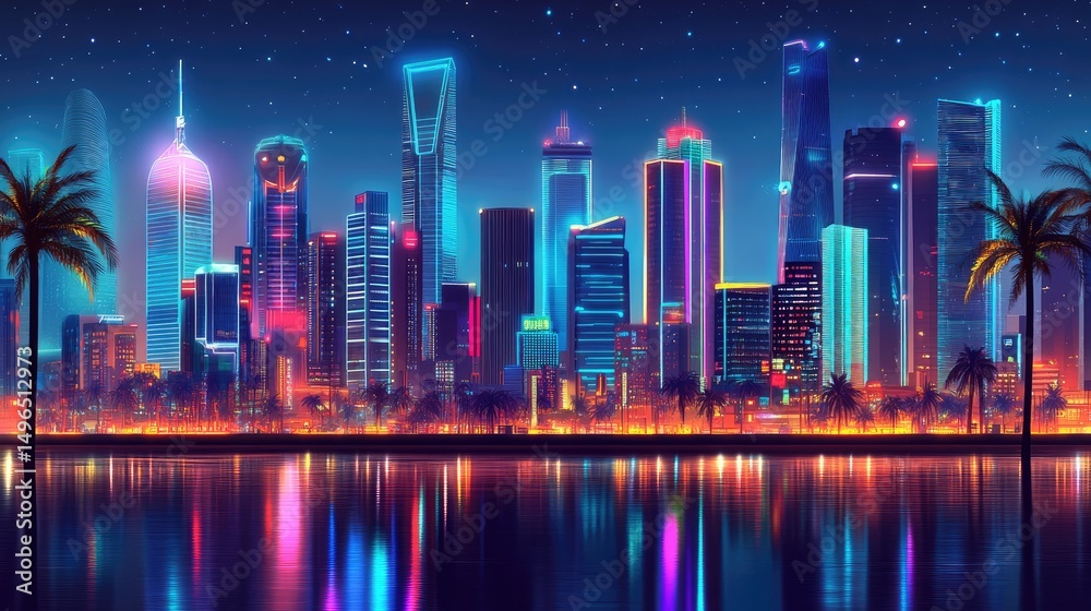 Fototapeta premium Vibrant neon cityscape at night, reflected in calm water, palm trees framing the scene