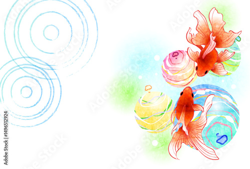 暑中見舞い、金魚、ヨーヨー、波紋、和風、かわいい、背景、イラスト、横